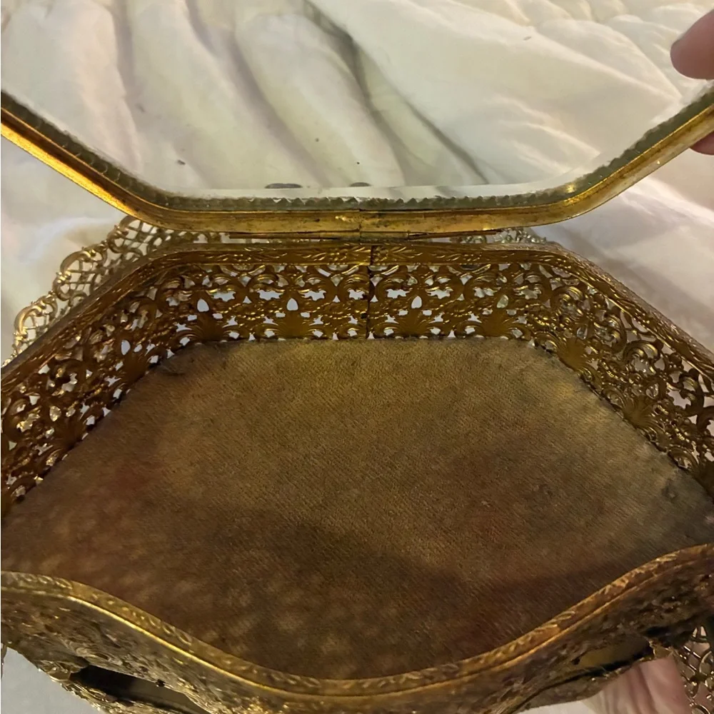 Vtg Gold Metal & Glass Footed Jewelry Box Hinged vanity W Smaller Box & Mirror